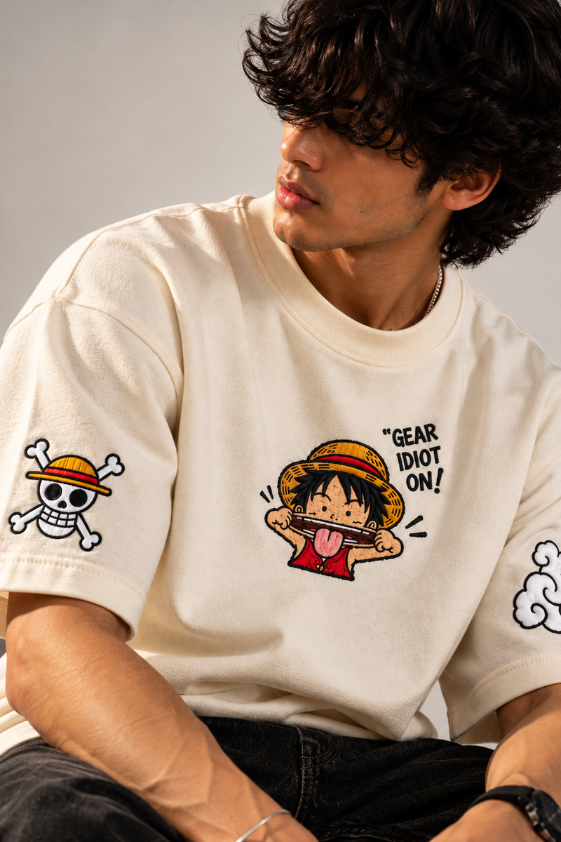 Luffy Gear Idiot oversized T-shirt design close-up neutral studio