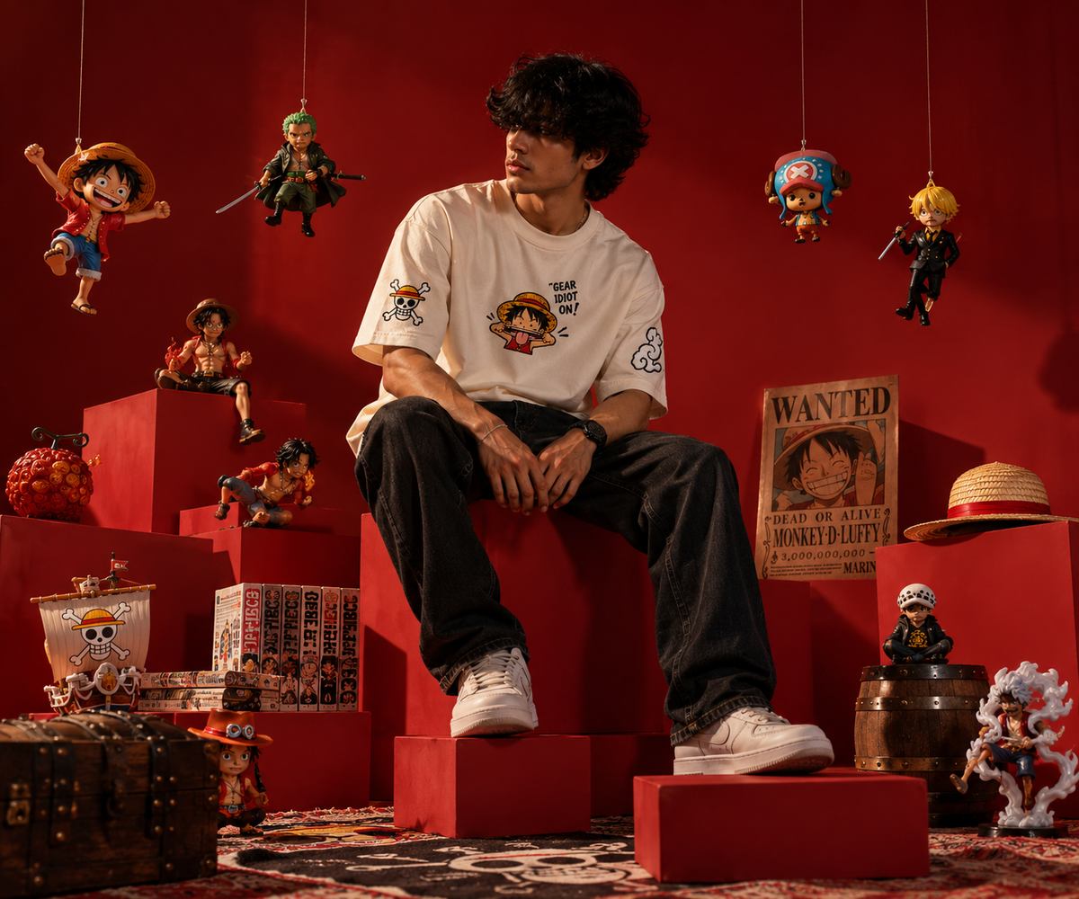 ASCENDRY Luffy Gear Idiot oversized embroidered anime streetwear t-shirt