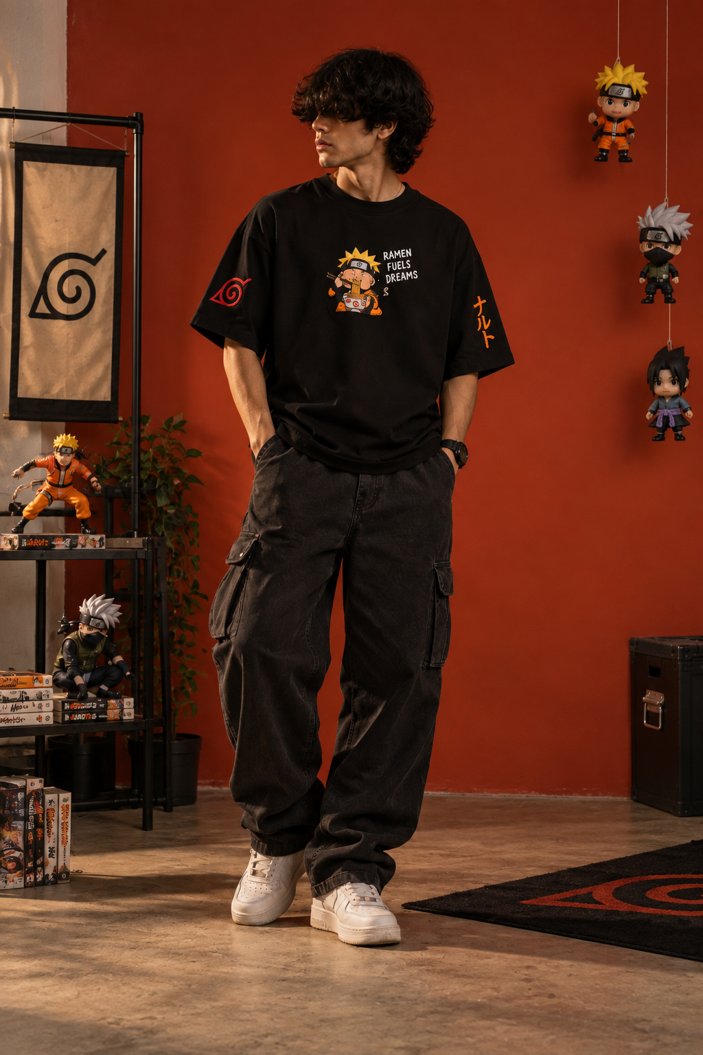 Ramen Fuels Dreams black embroidered French terry T-shirt, care guide