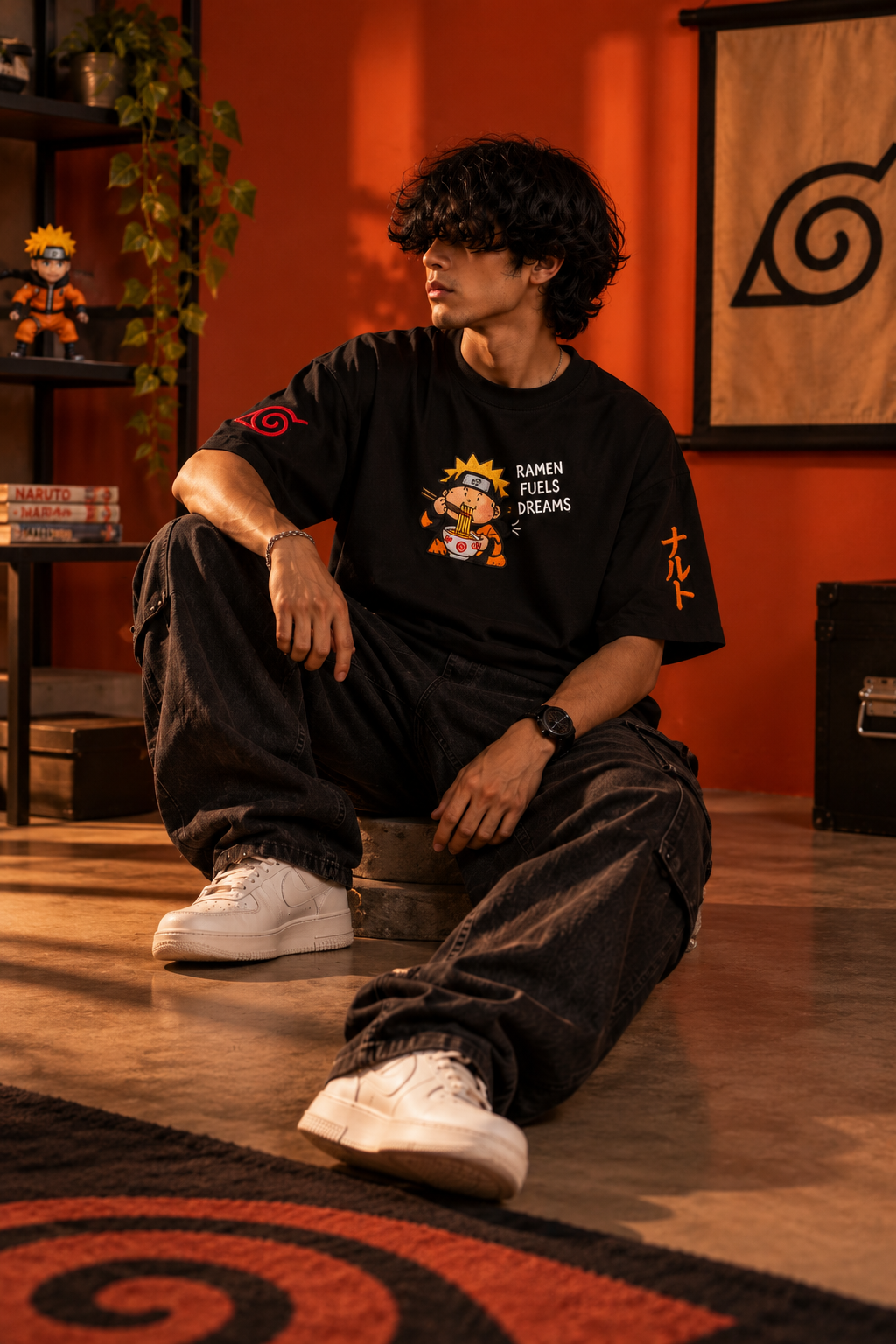 ASCENDRY Ramen Fuels Dreams black oversized Naruto-inspired T-shirt, seated studio shot