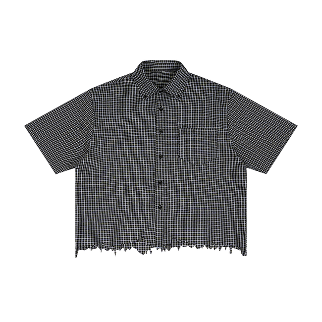 Unisex Distressed Plaid Boxy Shirt Hover Image