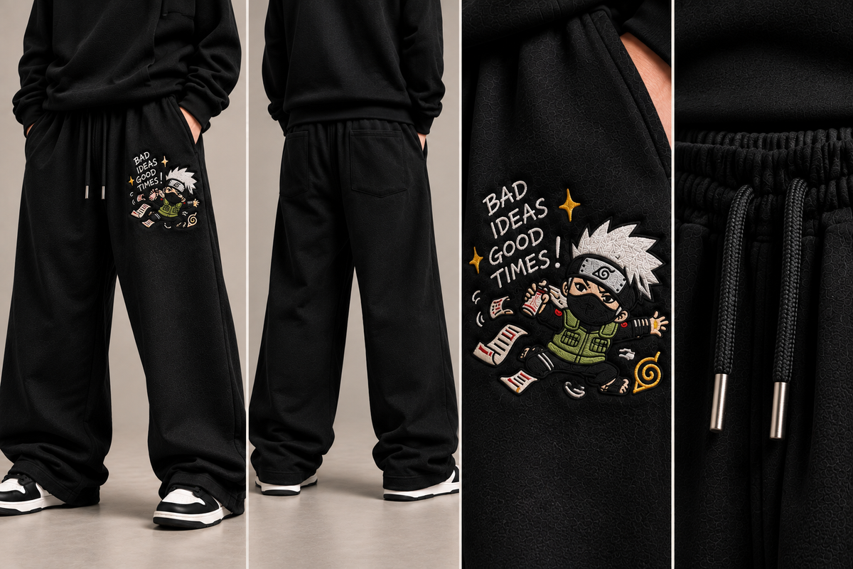 Black anime embroidered sweatpants waistband and drawstring details