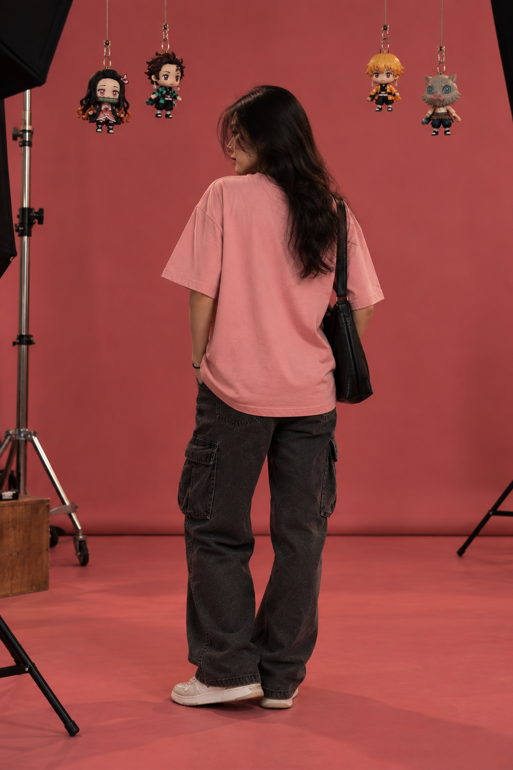 Back view of plain pink Nezuko oversized T-shirt