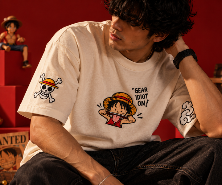 Ascendry Luffy Gear Idiot oversized French terry T-shirt close-up studio campaign