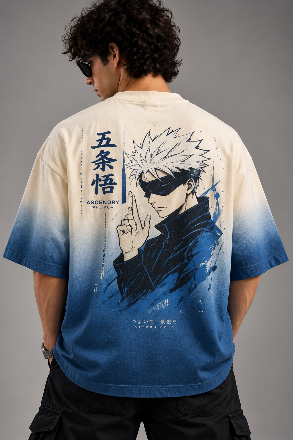Gojo Satoru anime T-shirt back graphic close-up