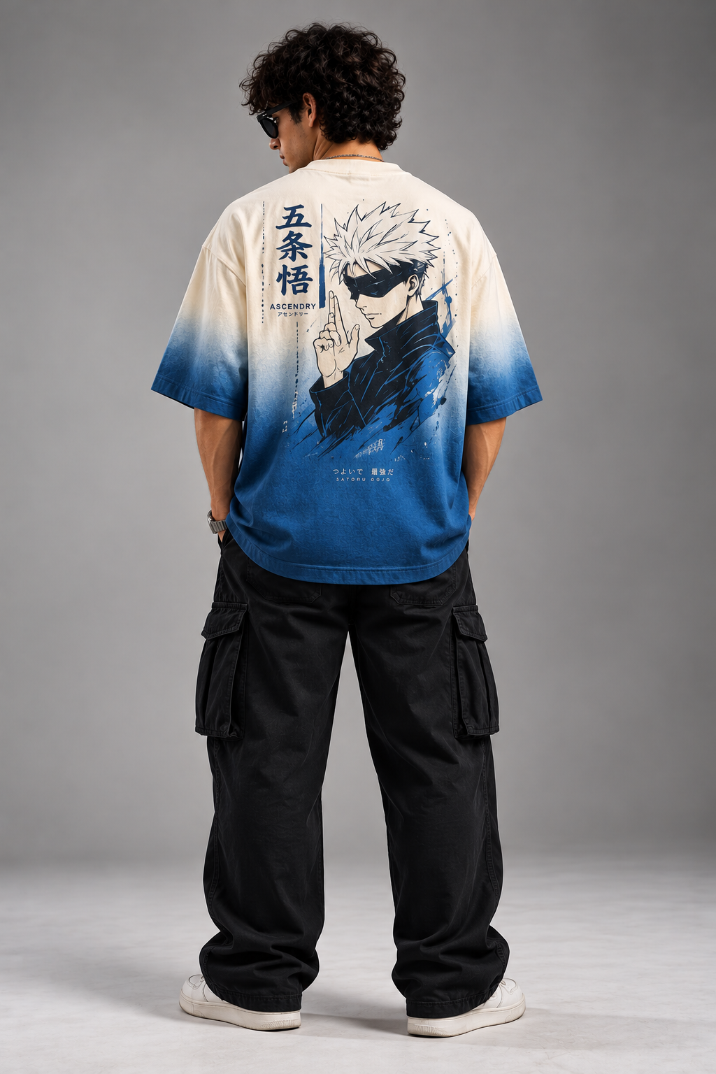 Gojo cream blue ombre oversized T-shirt back model anime art