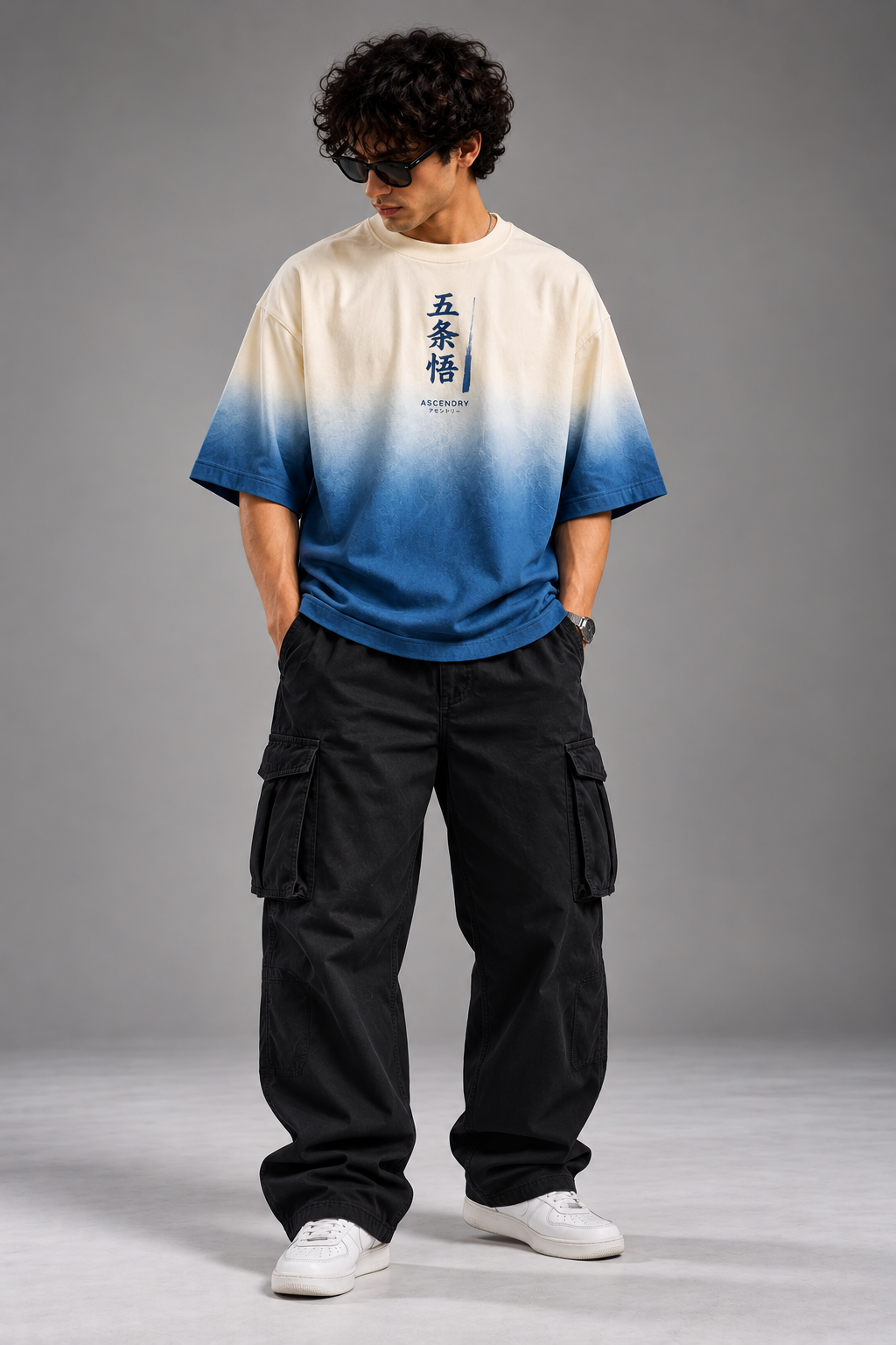 Gojo cream blue ombre oversized T-shirt front model ASCENDRY