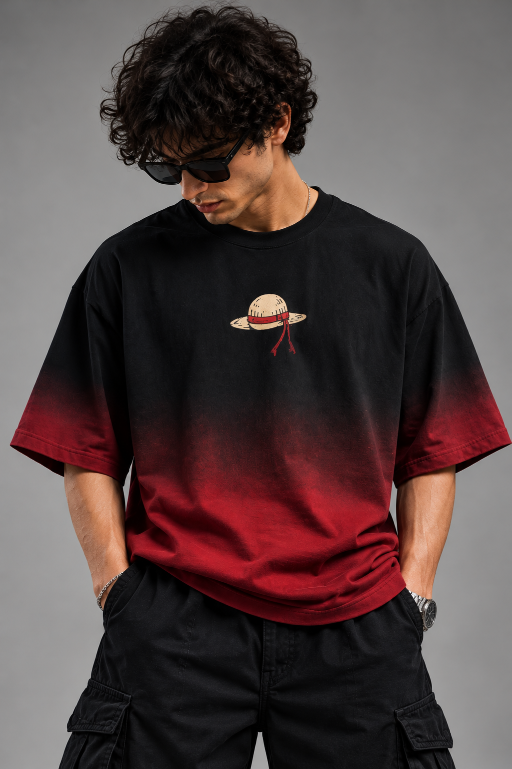 Luffy black burgundy ombre oversized T-shirt front straw hat graphic closeup