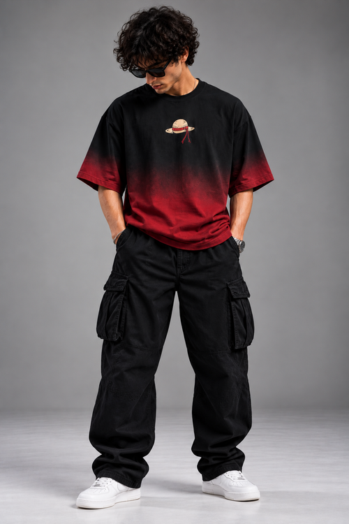 ASCENDRY Luffy black to burgundy ombre oversized T-shirt full front model view