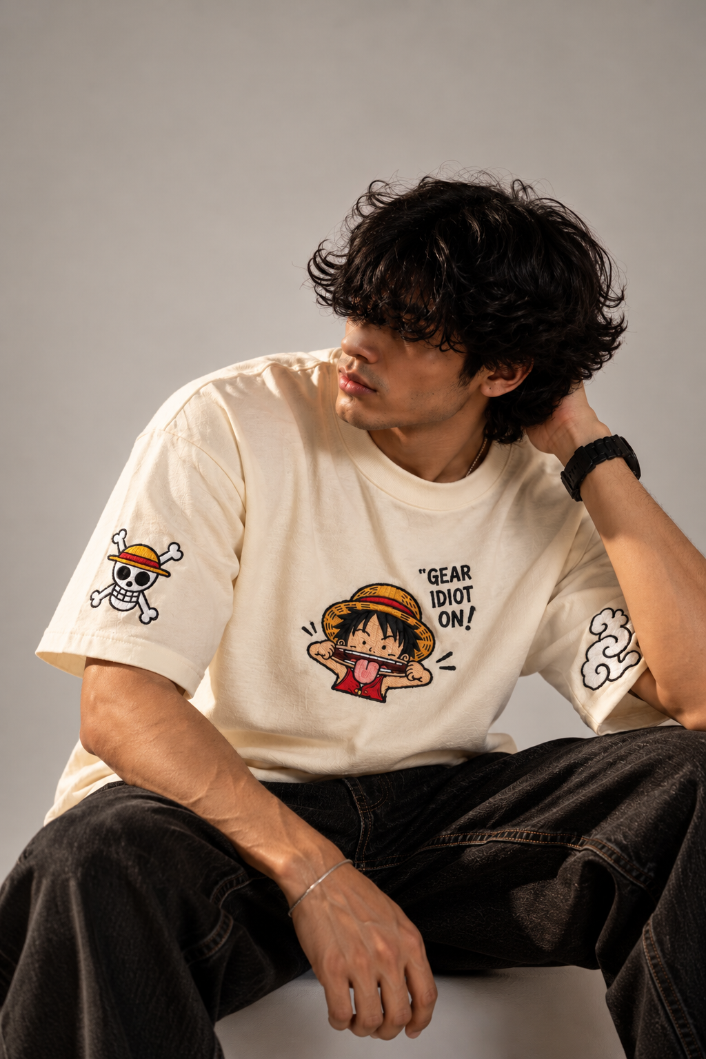 Luffy Gear Idiot oversized T-shirt seated front view neutral studio