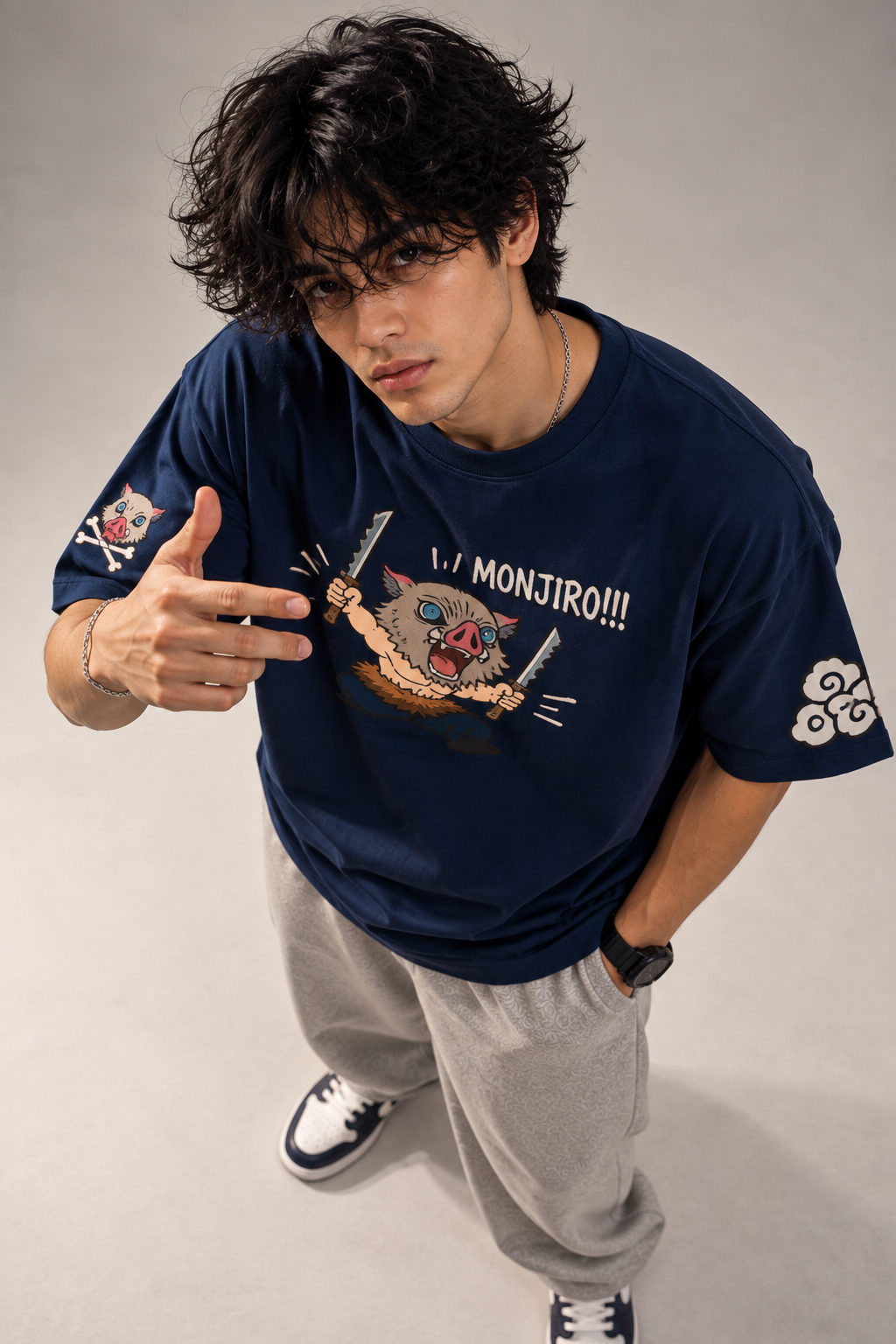 Monjiro oversized T-shirt overhead design close-up