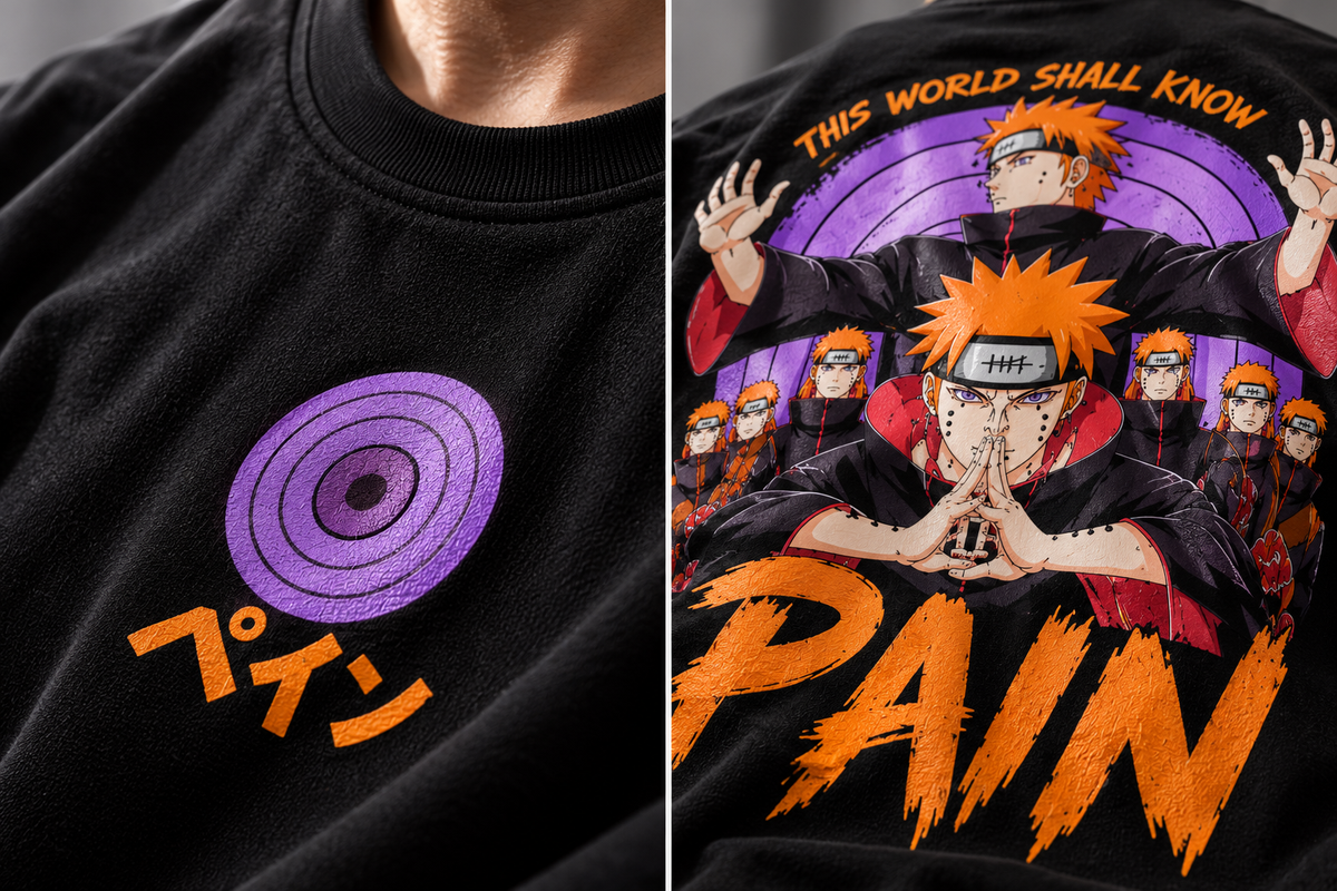 Combined close-up of front chest DTF print and large back Pain anime DTF artwork on black T-shirt