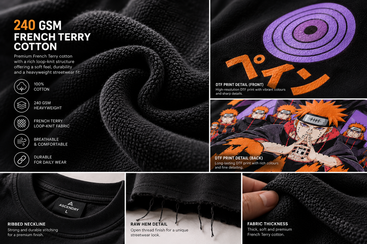 Close-up product details of black 240 GSM French terry cotton T-shirt fabric and DTF print