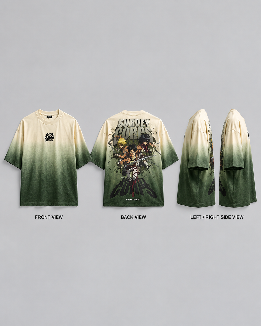 Front back and side views of ASCENDRY Survey Corps oversized T-shirt
