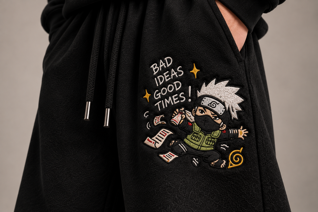 Close-up of black anime embroidered sweatpants graphic