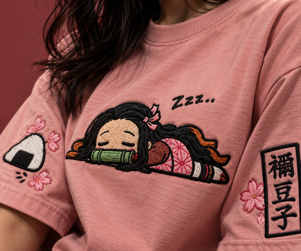Close-up embroidery details of Nezuko oversized T-shirt