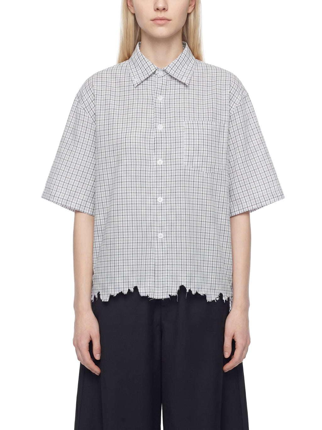 Unisex Distressed Plaid Boxy Shirt
