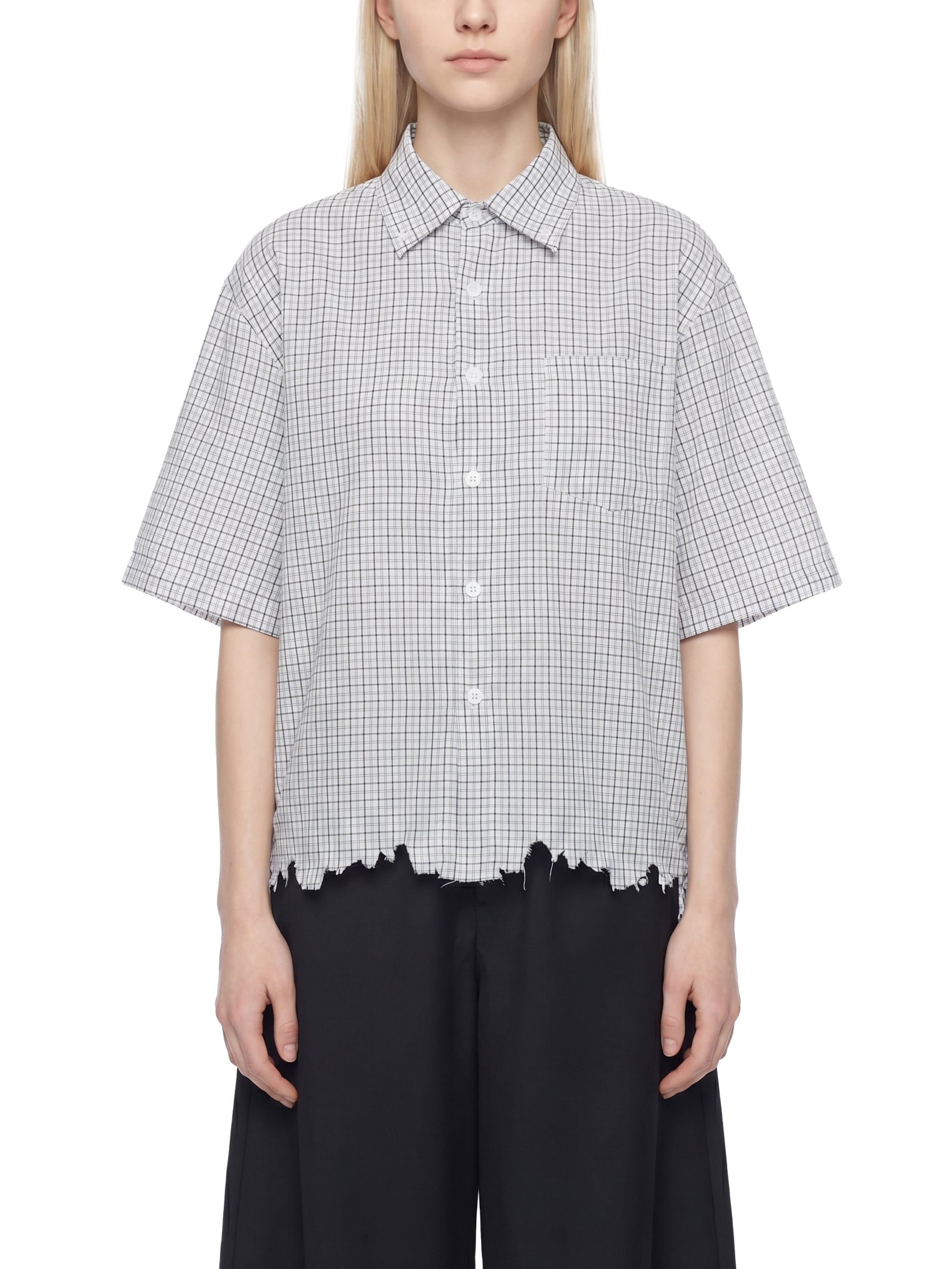 Unisex Distressed Plaid Boxy Shirt