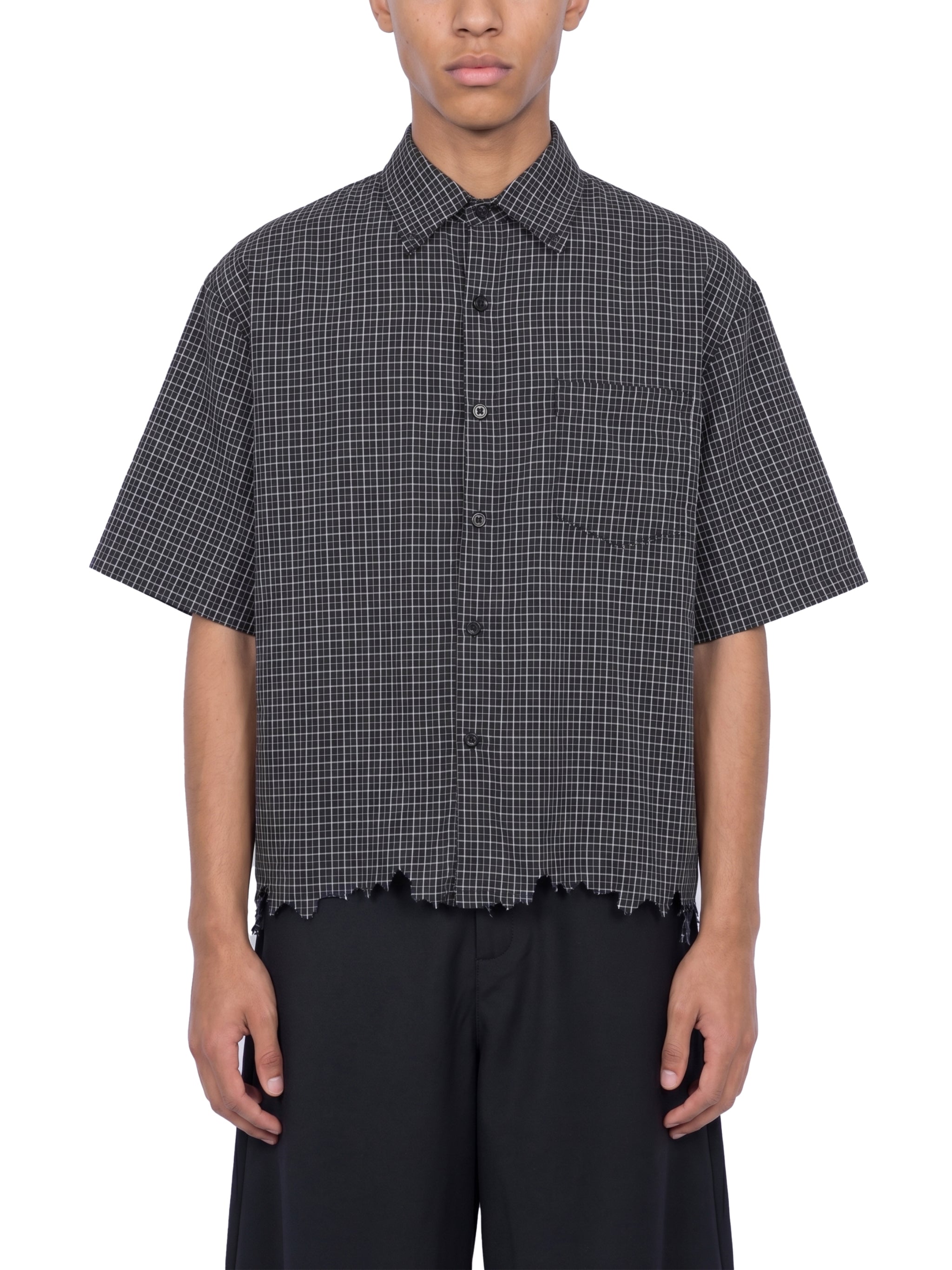 Unisex Distressed Plaid Boxy Shirt
