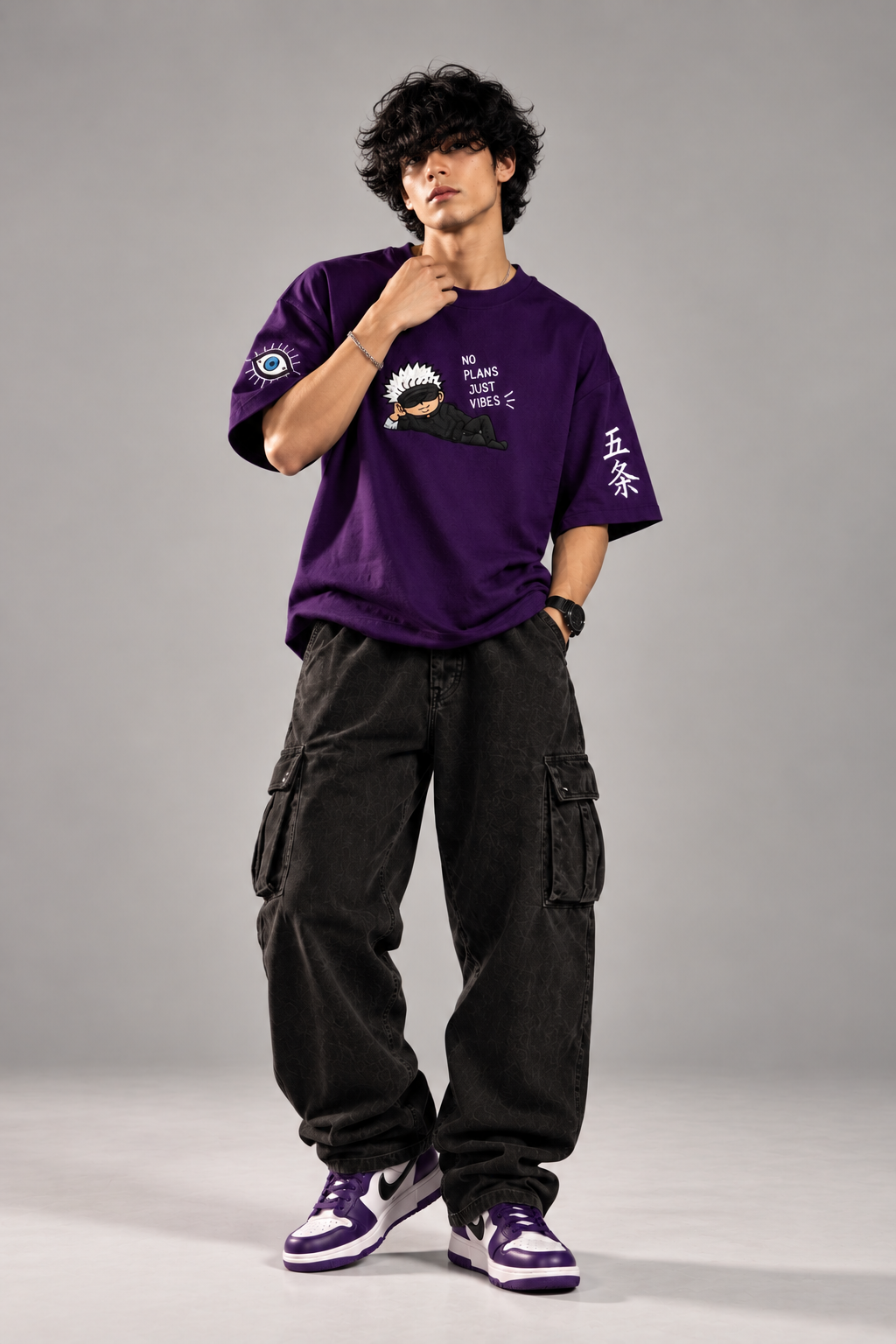 No Plans Just Vibes purple oversized T-shirt model facing camera