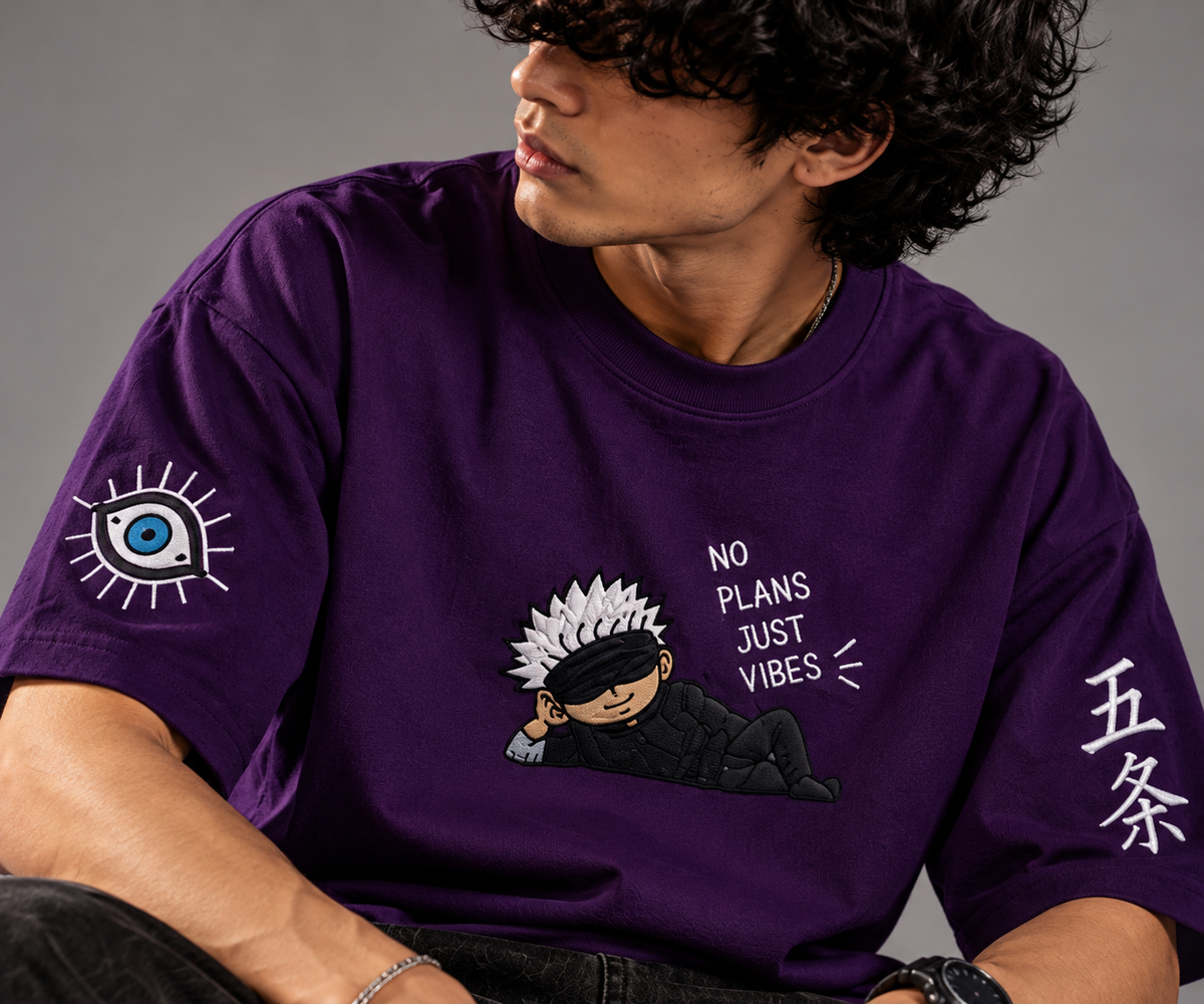 No Plans Just Vibes purple oversized T-shirt close-up of chest and sleeve designs