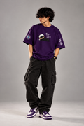 No Plans Just Vibes purple oversized T-shirt full-body front studio view