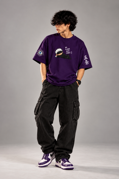 No Plans Just Vibes purple oversized T-shirt full-body front studio view