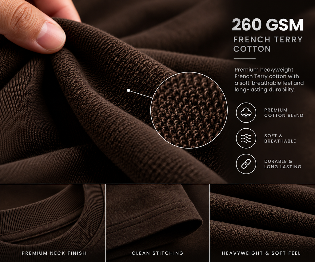 Illustrative fabric detail with 260 GSM label; verify product GSM