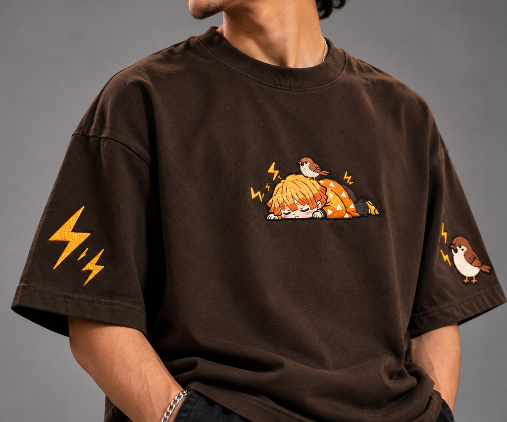 Sleepy Zenitsu close-up embroidered chest and sleeve design