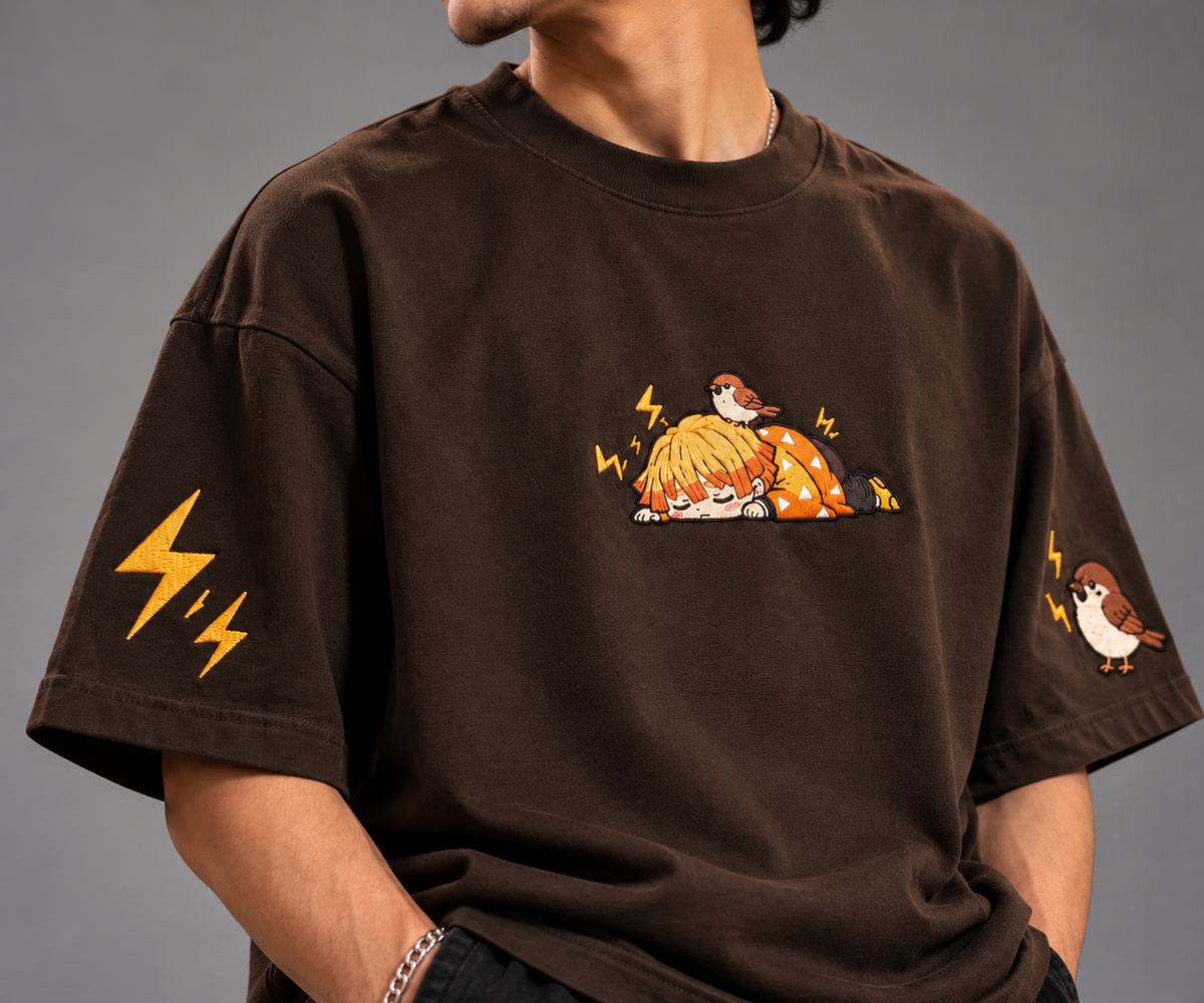 Sleepy Zenitsu close-up embroidered chest and sleeve design