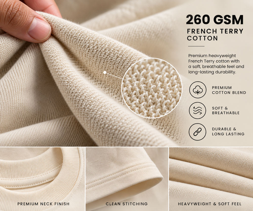 Illustrative French terry cotton texture labeled 260 GSM; verify specifications