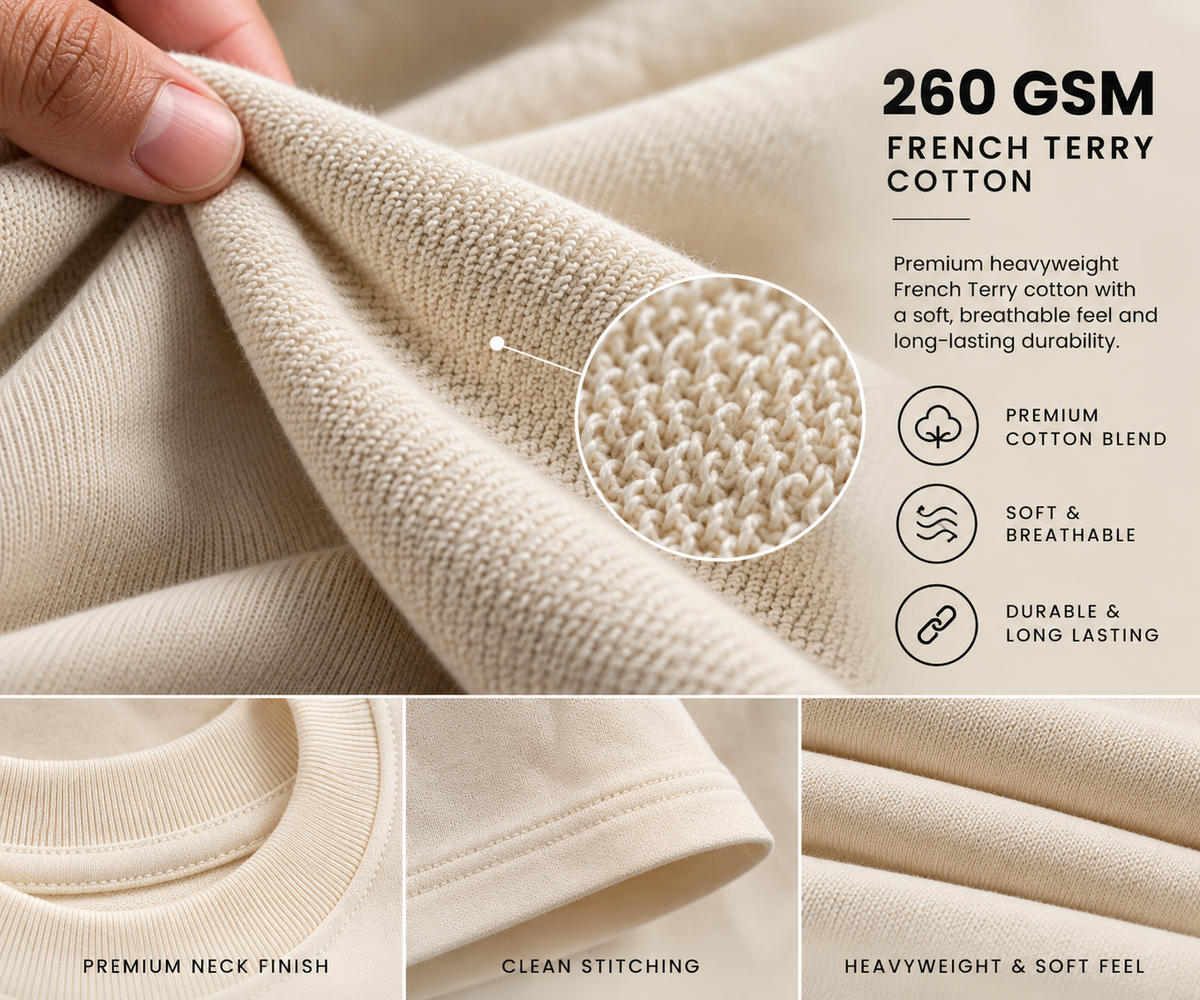 Illustrative French terry cotton texture labeled 260 GSM; verify specifications